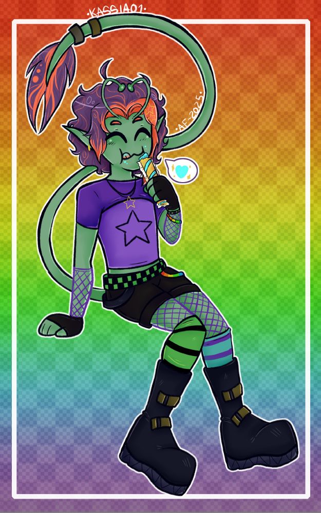 An alien with green skin, antennae, and a long tail. It's dressed in early 2000s-style clothing, sitting while enjoying a Freezie pop.