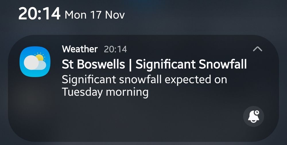20:14 Mon 17 Nov
St Boswells - Significant Snowfall
Significant snowfall expected on Tuesday morning 