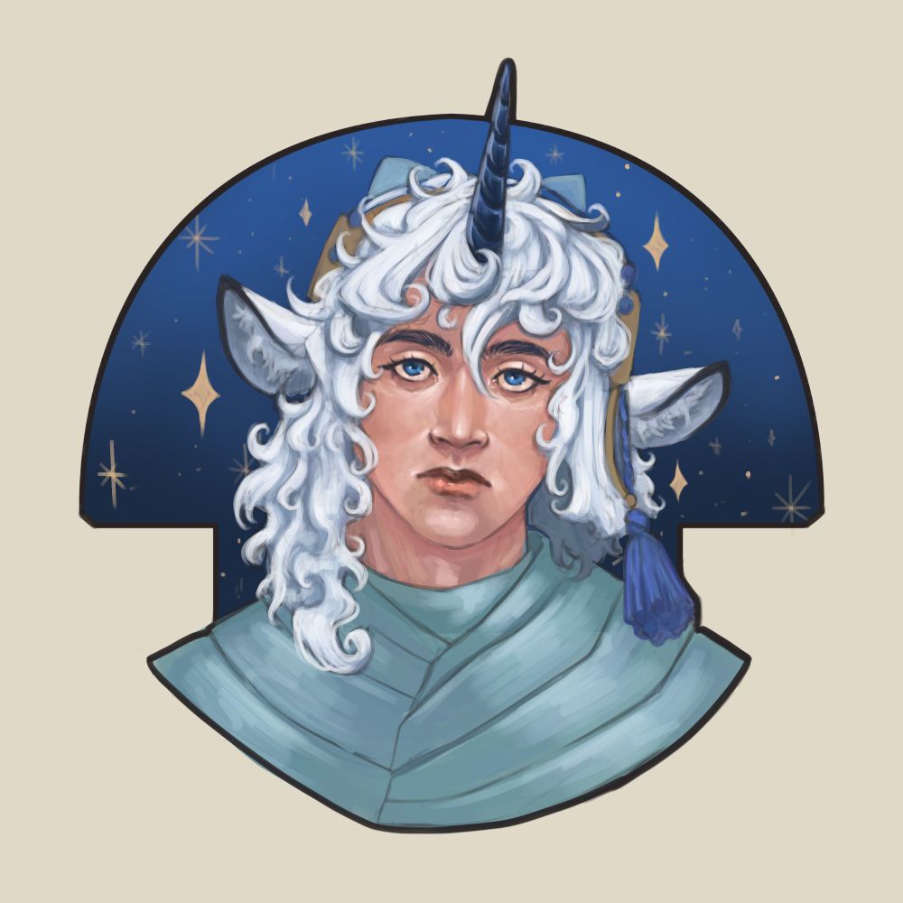 A unicorn character with soft baby face, neutral expression and half lided eyes. Their skin is pinkish, hair white and their horn almost black. They have fluffy ears. Behind them is a simple starry night background.