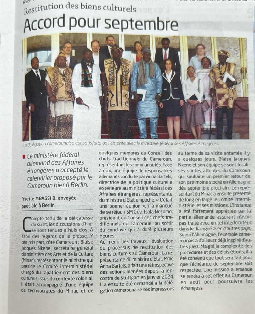 Article in Cameroon Tribune, 2 July 2025, about meeting of Cameroon‘s Restitution Committee with German Foreign Office on 1 July 2025