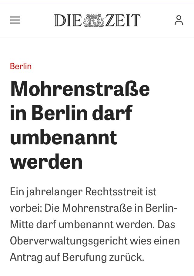 Titelseite des Berichts in DIE ZEIT, 09.07.2025, zur Umbenennung der M-Straße