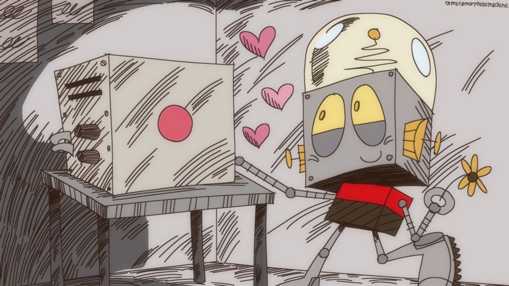 Robot Jones from Whatever Happened to... Robot Jones? and the Scantron machine. He has an arm wrapped around her and in the other hand he holds a flower. There are pink hearts between them.