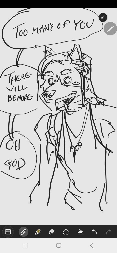 An anthropomorphic transfemme dog having an existential crisis as she thinks to herself, "Too many of you; there will be more; oh god".