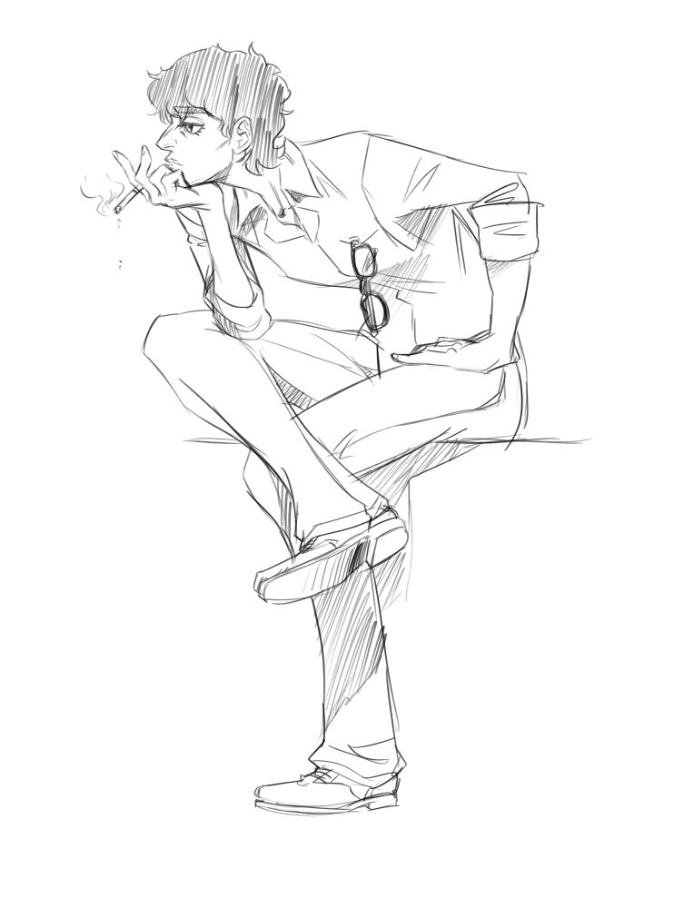 An androgynous woman sitting while hunched over. A cigarette burns slowly at her fingertips.