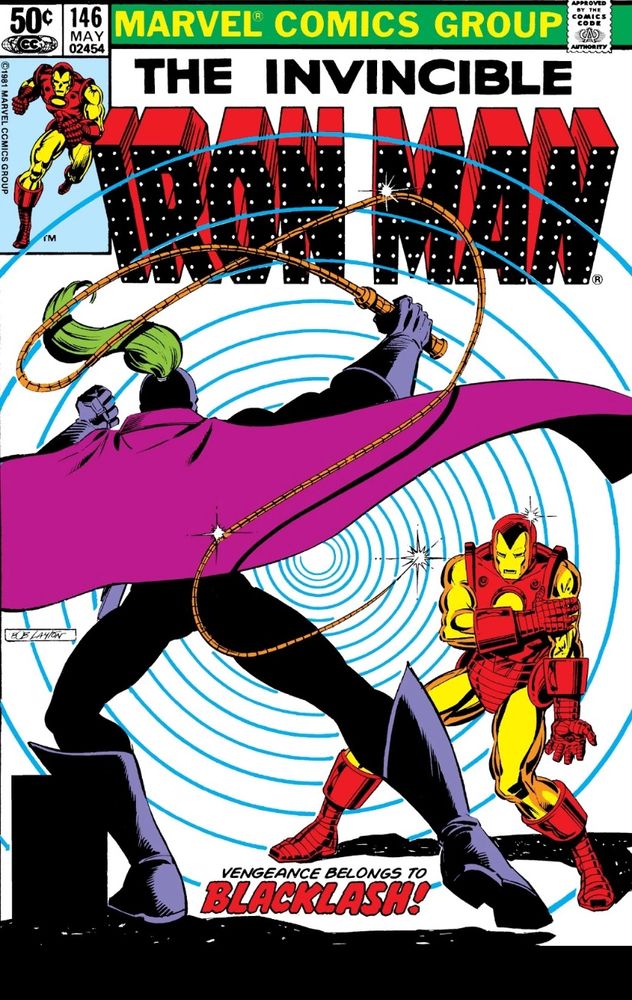 THE INVINCIBLE IRON MAN #146, May 1981
VENGEANCE BELONGS TO BLACKLASH!
The villain Blacklash flourishes a whip at Iron Man, who is holding his arm where Blacklash just whipped him.
Art by Bob Layton