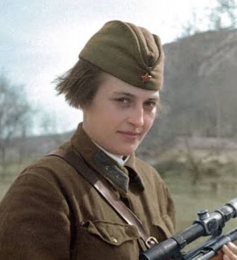 Lyudmila Pavlichenko, looking a dead ringer for Phoebe Waller-Bridge