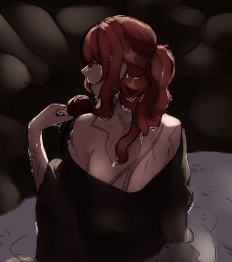A work in progress of my oc Charlotte! Dark rocks surround her as she stands in a pool of water, soaked skin and hair, soft lighting