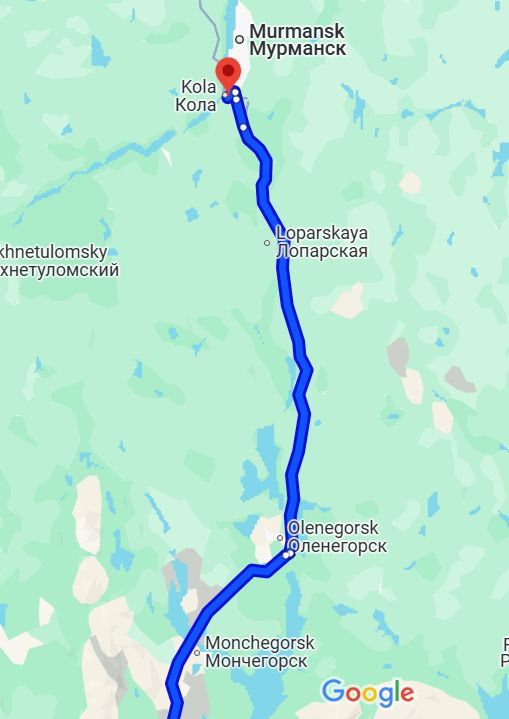 Screenshot from Google maps showing the R-21 from Monchegorsk to Murmansk, through Olenegorsk