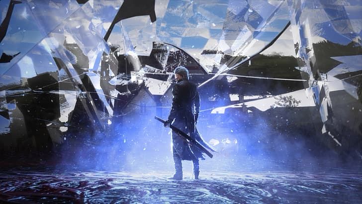 Vergil, the main antagonist of Devil May Cry 5, stands with his back to the camera clutching his iconic katana, Yamato.
The background is a distorted, cracked sky.