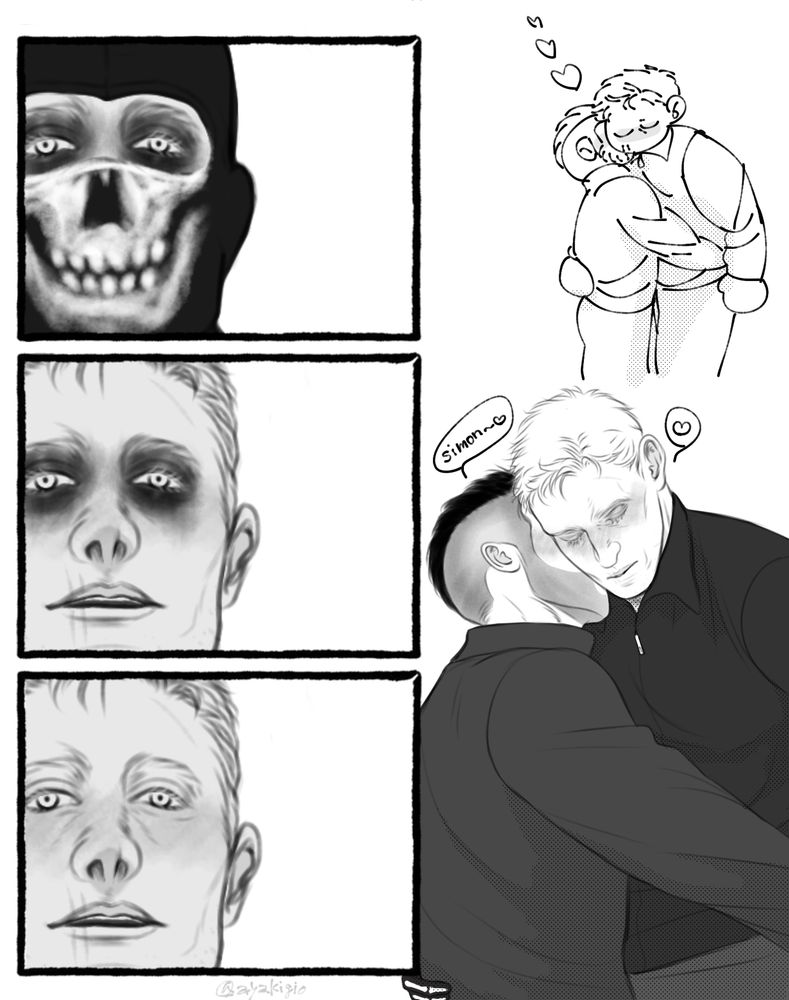 マスク+アイペイントのGhostは赤面してもよくわからないのでどちらも外す必要がある。素顔のGhostに抱きつき耳元で甘えるSoap。