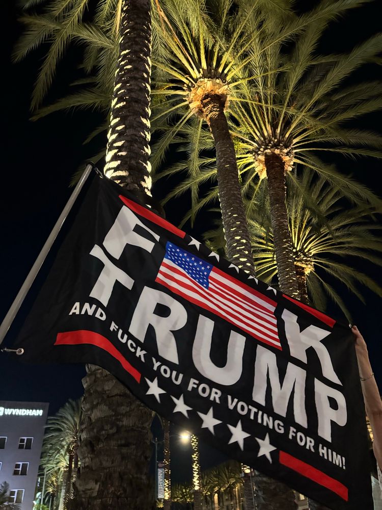 Flag reads “fuck trump and fuck you for voting for him”