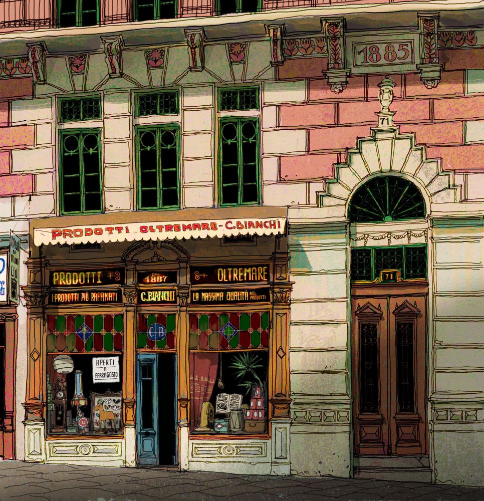 Illustration of a shop embedded in a late 19th century building 