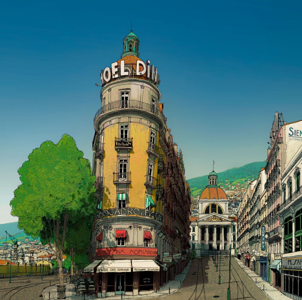 Digital photo-realistic painting of the streets of a last century European city by the sea