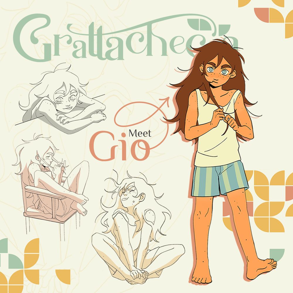 Animation character design sheet of a kid with aquamarine eyes and brown long hair