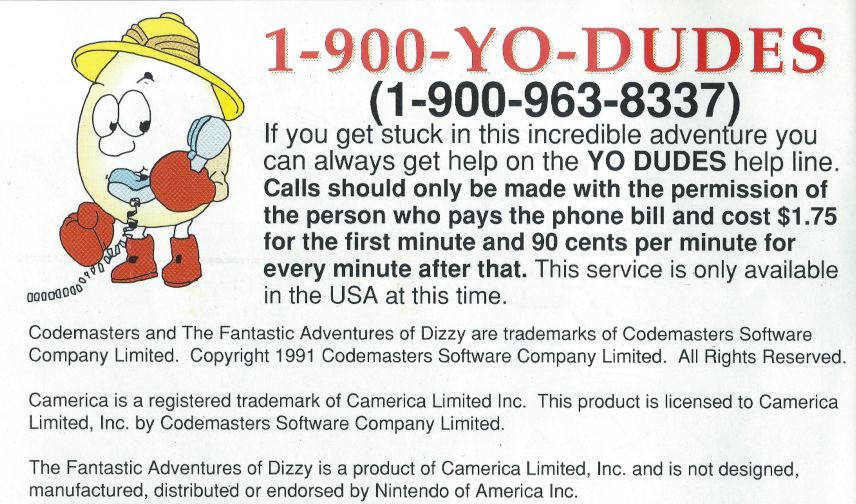 Page from the manual for The Fantastic Adventures of Dizzy. It shows a cartoon of Dizzy holding a landline telephone receiver with a curled cord. Large red text at the top reads, “1-900-YO-DUDES.”
