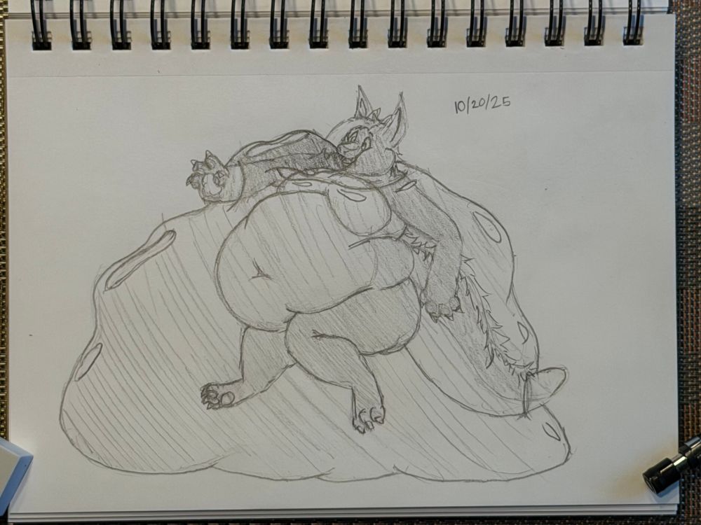 Traditional sketch of a fluff dragon stuck in the mass of a large slime, that is stuffing itself into the mouth of the helpless derg. The slime seems to have a fattening property as the derg is clearly heftier than their usual frame.