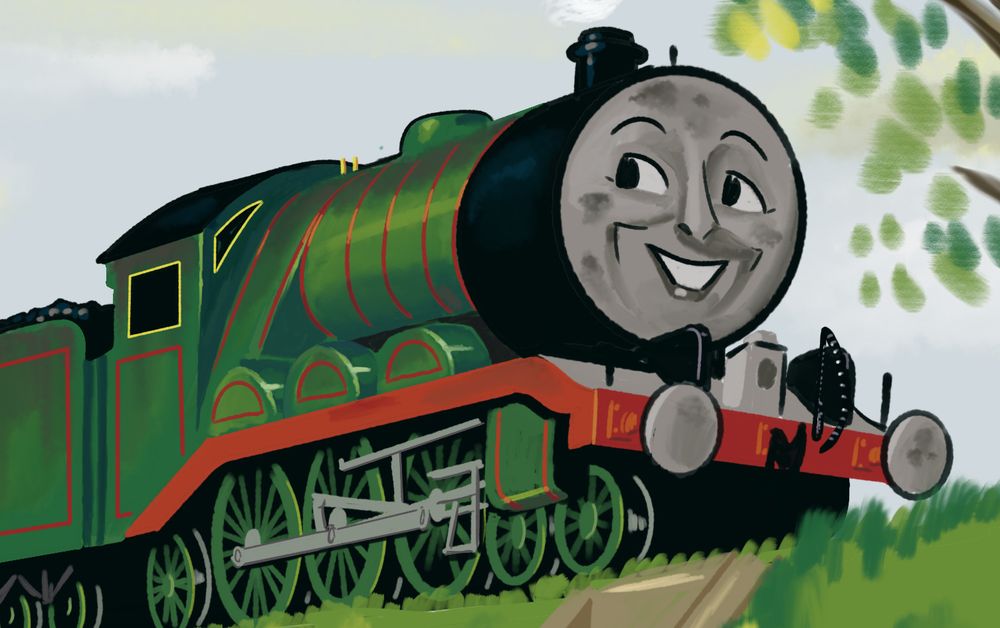 A low-angle view of Henry The Green Engine in his old shape in rather grimy condition, as if he's just spent the last few months gathering dust in a tunnel.