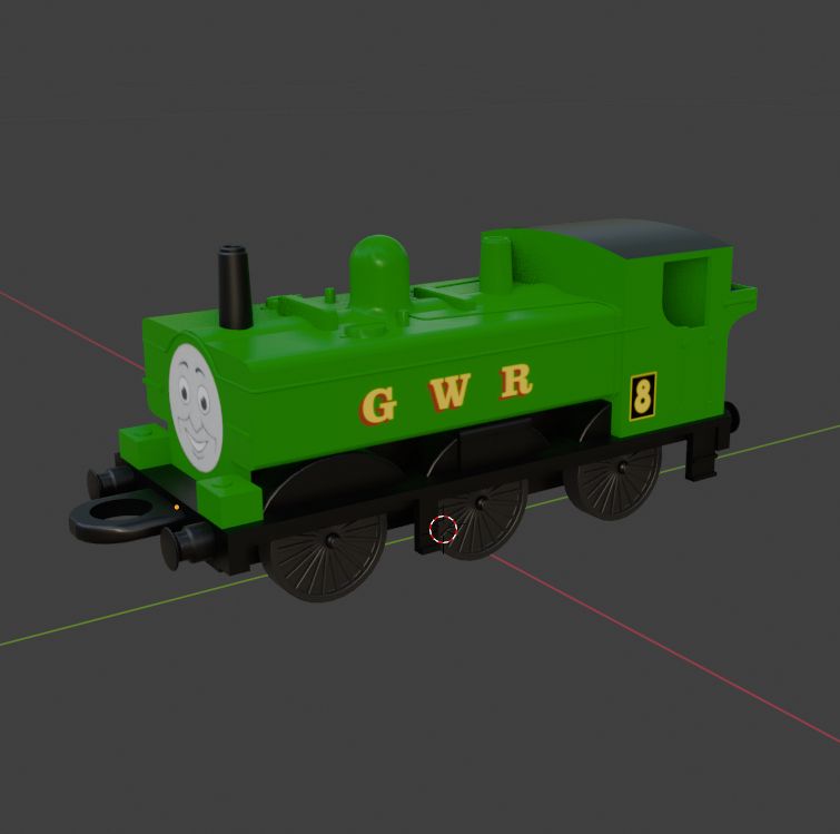 A screenshot of the Material Preview mode in Blender, showing a Matchbox Duck the Great Western Engine (based on the Matchbox No. 47 Pannier Tank)
