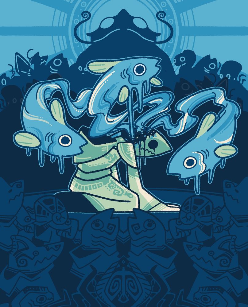 A fantasy piece, in which a shark cultist kneels in the center of a mob of other sea creature cultists. Aetherial fish are swimming out of a crack in the shark's head, while the shadow of a catfish priest stands menacingly overhead. 