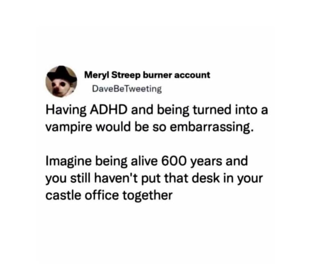 Text says: Meryl Streep burner account&10;&10;DaveBeTweeting&10;&10; Having ADHD and being turned into a vampire would be so embarrassing.&10;&10;Imagine being alive 600 years and you still haven't put that desk in your castle office together