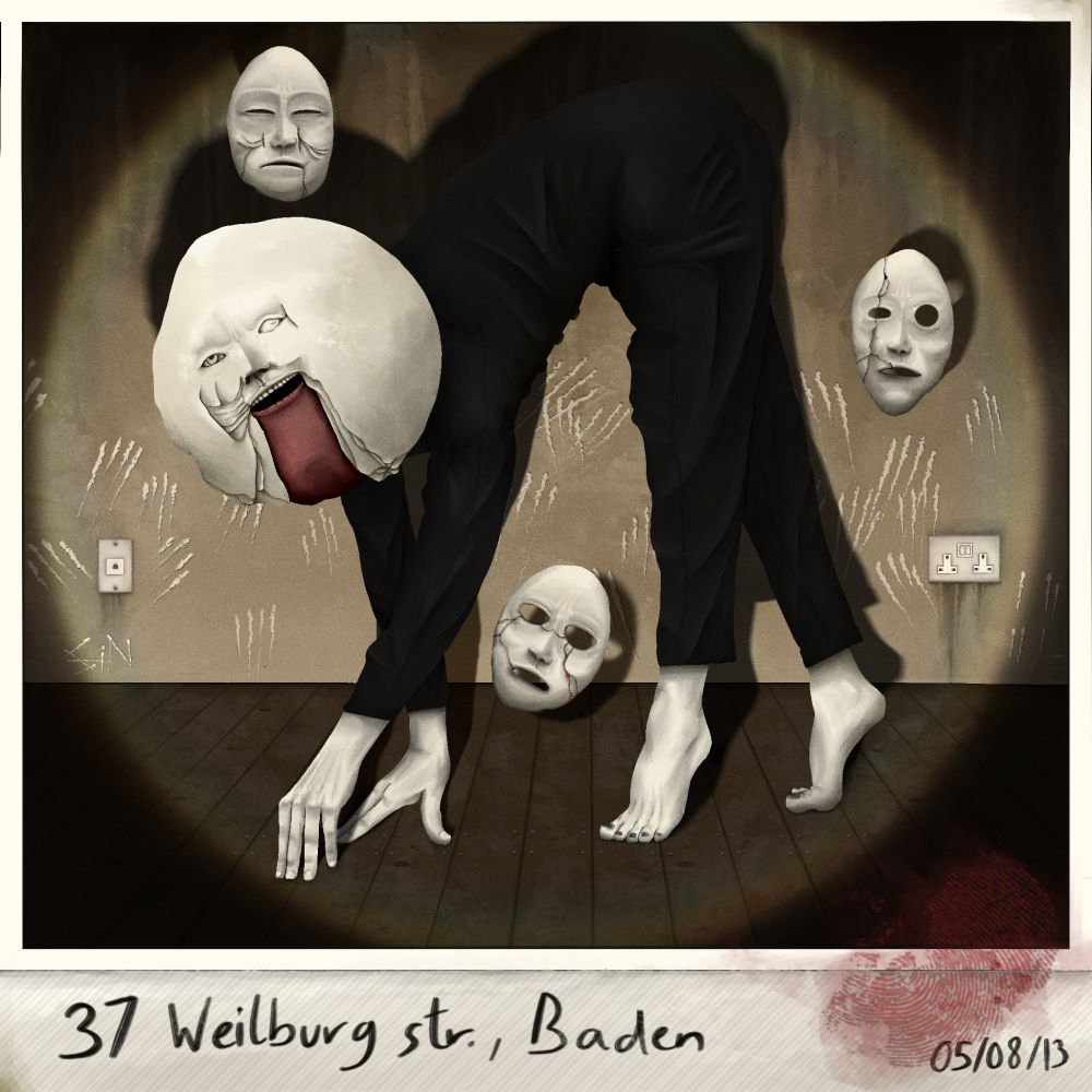 Drawing of a Polaroid photo, the Polaroid frame has a blood thumbprint and some text on it. 

The text reads "37 Weilburg str., Baden" and "05/08/13"

In the Polaroid picture, a slender figure wearing a black garb and a large, round, white mask with an unnatural facial expression is perched up on all fours in what looks like a run-down attic, with 3 white, floating masks showing different facial expressions surrounding it.

The background looks like a dirty wall with 1 electrical outlet on each side of the figure and fingernail scratches all over the wall

The figure is illuminated by the beam of a flashlight