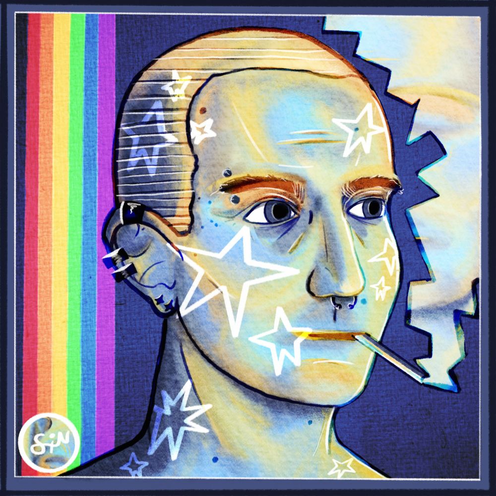 Self-portrait of a man with piercings and a buzzcut, smoking a cigarette. There's a rainbow flag in the background