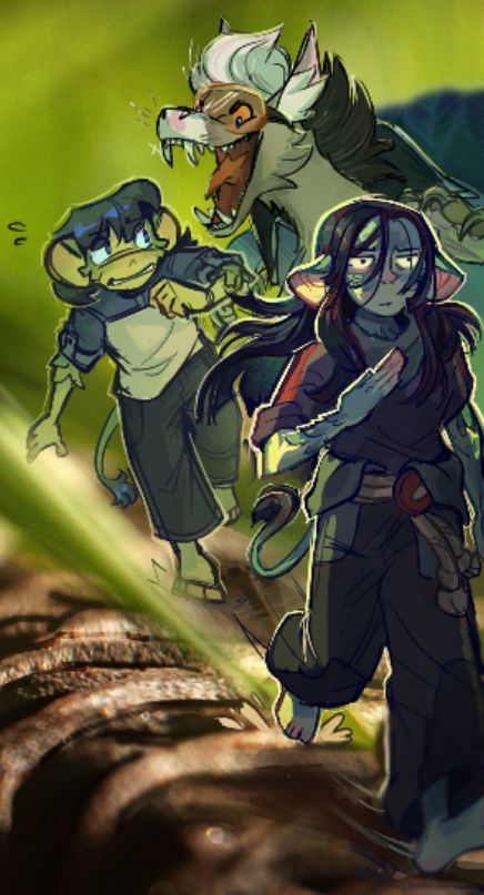 Two characters running away from a dinosaur looking thing (sorry idk how to quickly describe what Myrrid is lol) there’s a heavy camera focus, with most of the images border being blurry.