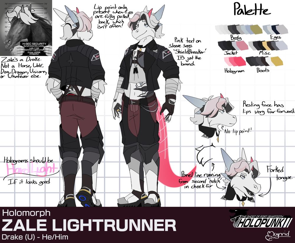 Character reference for Zale Lightrunner. Detailed front and back view of the character on a white background, text around the sheet goes into detail on how to draw the character.