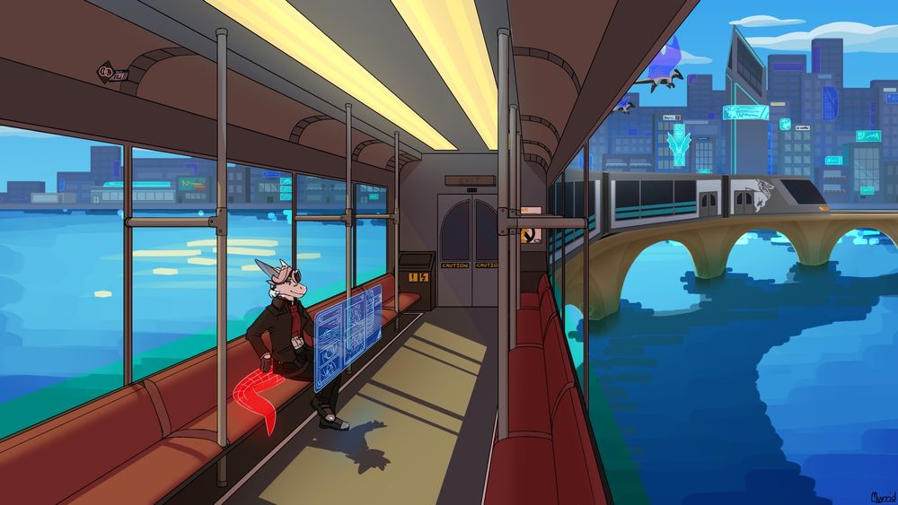 Digital illustration of a holodroid on a train.