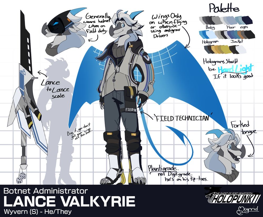Character reference sheet for Lance Valkyrie, it's a detailed drawing of the character standing on a white background with text around that describes how to accurately draw the character. Beside him is a drawing of his weapon, a futuristic looking Lance, which is... Fitting I suppose.
