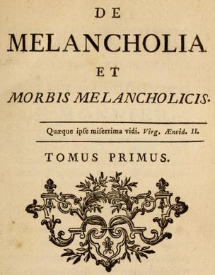 Page de titre d'un ouvrage du XVIIIe siècle, intitulé De Melancholia et Morbis Melancholicis, tomus primus (au-dessus des armes de l'imprimeur)