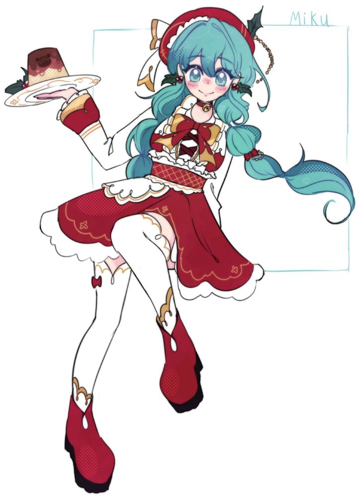 hatsune miku with her hair in braids. she is wearing red, like a santas outfit for christmas/the holidays. she is very cutesy style.