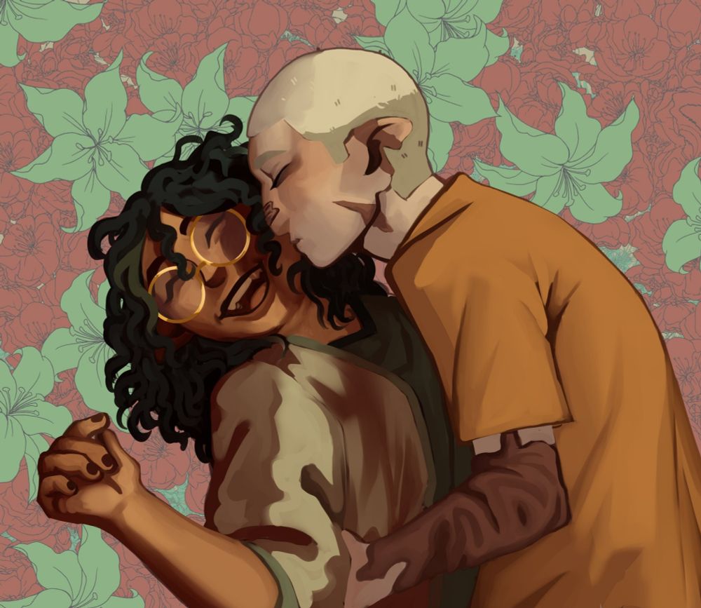 Hunter from the Owl House on the right, with a buzzcut and an arm around Willow from the Owl house, kissing her cheek. Willow is on the left, grinning with her eyes shut and a hand in the air