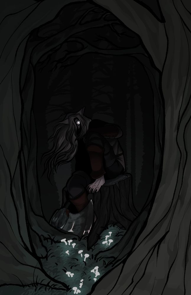 A miqo'te with long blond hair and a glowing blue, reflective eye sits on a stump with an axe, surrounded by leafless trees in a dimly lit forest.