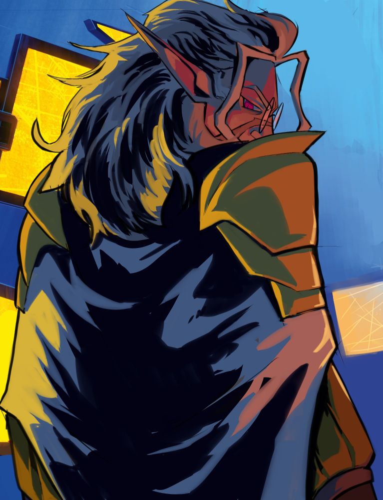 A grimwalker looking over his shoulder. He has round glasses and a sharp glare, looking at the camera.