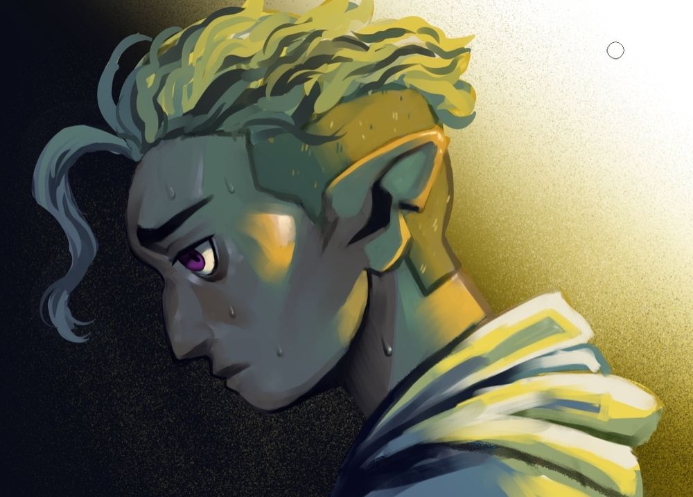 Hunter from the Owl house with a dead look, looking left and sweating