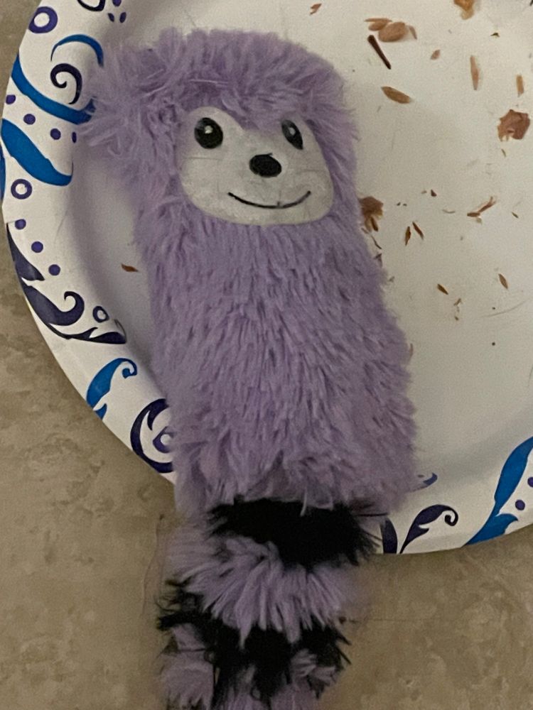 A purple kick toy for cats has been placed on an empty plate