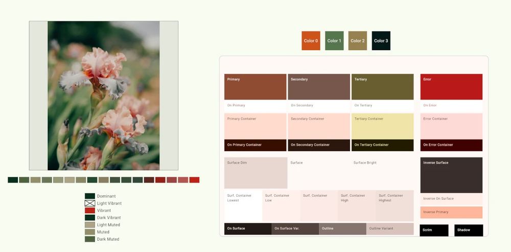 A side by side view of image extraction using `palette_generator` and `material_color_utilities`. We can see that the color list generated by `palette_generator` has some null values.