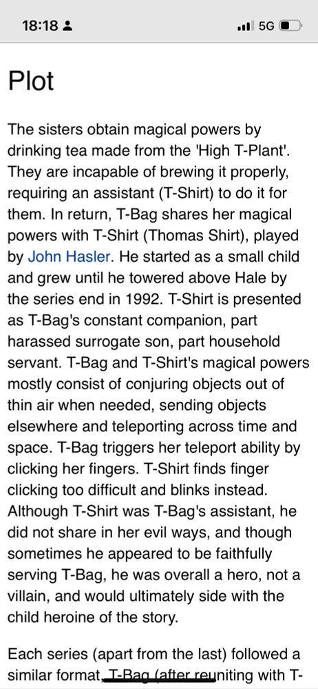 Screenshot of the plot section of the Wikipedia for the show T-Bag 