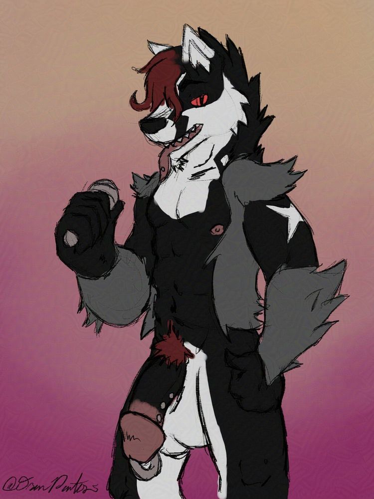 Anthro Obstagoon with a mic and red dyed hair tips and pubic fur, he has a sizable Prince albert and a ladder up the underside of his cock