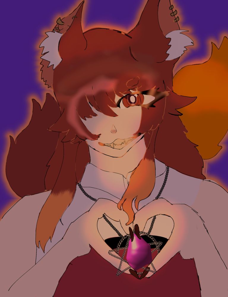 A drawing of the vtuber emslea,the drawing has a purple-ish atmosphere with some orange lighting, the character wears a white shirt with a red fabric that covers her chest, her hair is red with some orange highlights, her eyes are also red with some details, she has fox ears and a tail that are red,the tail has orange ends, the character does a pose where her hands are forming a heart and she holds a pentagram-shaped necklace with a purple gem in the middle of said heart