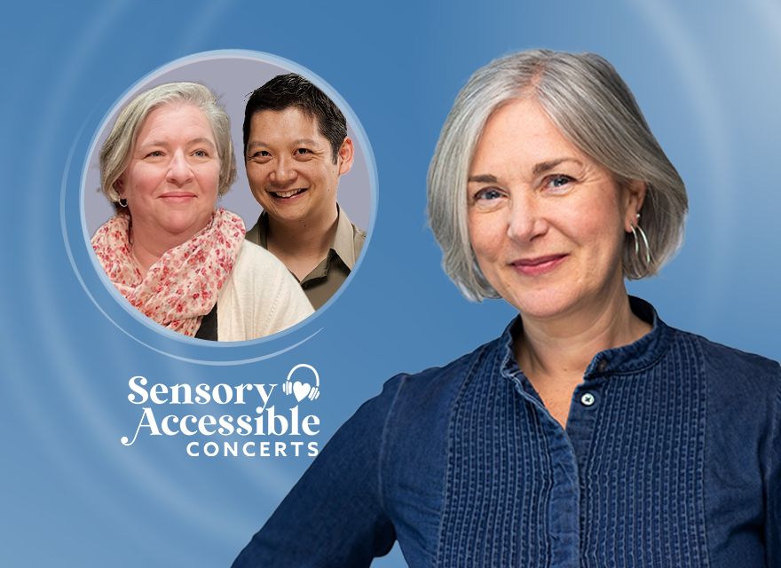 A promotional image for a Sensory Accessible Concert on April 6 features a large portrait of pianist and host Jennifer King against a blue background. She has short silver hair, wears a navy-blue blouse, and smiles warmly. In a smaller circular inset, vibraphonist Erin Donovan and flautist Jack Chen are pictured together; Erin has short gray hair, wears a light-colored cardigan and a red patterned scarf, while Jack has short dark hair and wears a dark collared shirt. The "Sensory Accessible Concerts" logo, including an icon of an ear with sound waves, is positioned in the lower right corner.