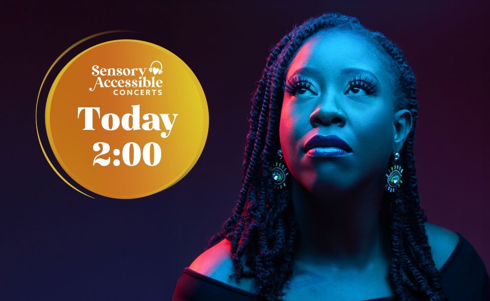 Promotional image featuring Jah'Mila for a Sensory Accessible Concert presented by Cecilia Concerts and Halifax Public Libraries. Jah'Mila is depicted in artistic lighting, looking upwards thoughtfully. Text highlights the event today at 2:00 PM.