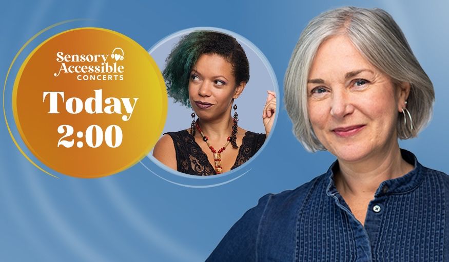Promotional image for a Sensory Accessible Concert taking place today at 2:00 PM. On the left is soprano Nicole Jordan with green-tinted curly hair, wearing a sleeveless black top and colorful necklace, shown in a circular frame. On the right is pianist Jennifer King, smiling and wearing a dark blue blouse with silver hoop earrings. The background is a soft blue gradient. A round orange-yellow graphic in the center reads: "Sensory Accessible Concerts – Today 2:00."