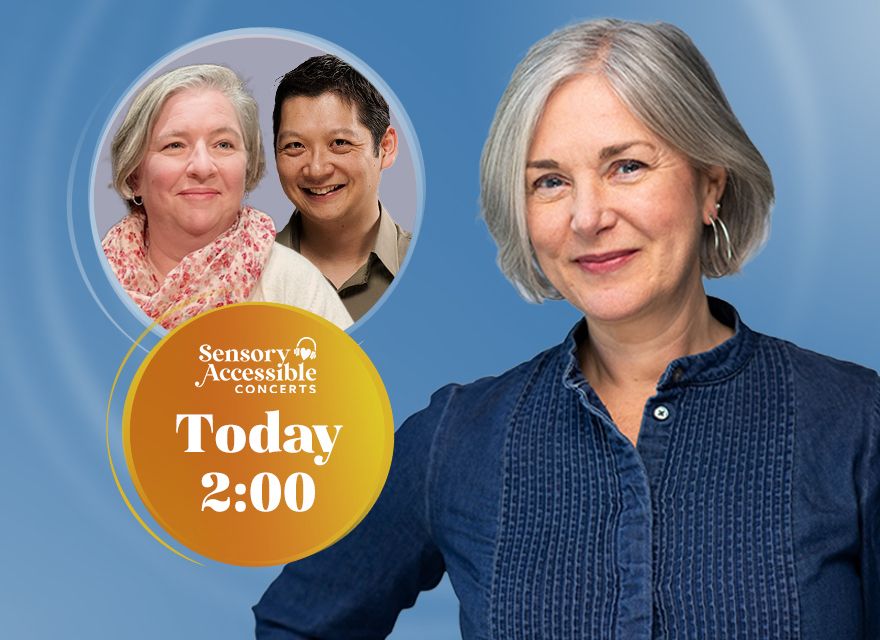 A vibrant promotional graphic for a concert event. The background is a bright blue, featuring three individuals in circular frames at the top. The left circle shows two people, one wearing a pink and white floral scarf and the other in a brown shirt. The right individual has gray hair and wears a blue blouse. A large, vivid orange circle with bold white text reads "Sensory Accessible Concerts" and "Today 2:00." The background includes a blurred image of an orchestra with string instruments.