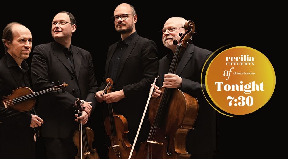 A string quartet of four male musicians dressed in black, holding their instruments against a black background. From left to right, they hold two violins, a viola, and a cello. A circular graphic on the right reads: 'Cecilia Concerts, Alliance Française, Tonight 7:30' in white text on a gold gradient background.