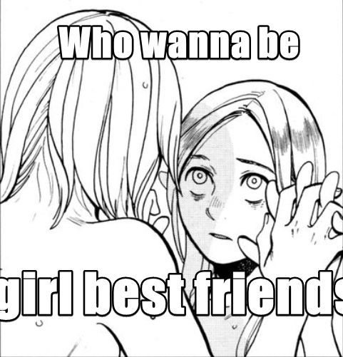 black and white illustration of Falin and Marcille naked, wet, and holding hands. the caption "who wanna be girl best friends".