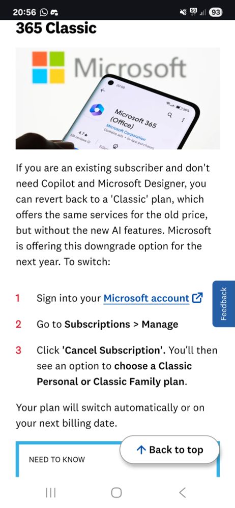 Instructions on how to switch to a MS classic plan rather than one with AI features 