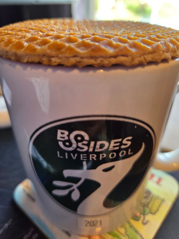 BSides Liverpool mug topped with a stroopwafel 