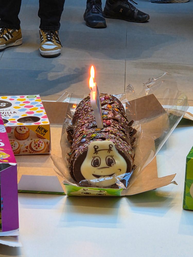 Colin the caterpillar birthday cake with little candle on top.
